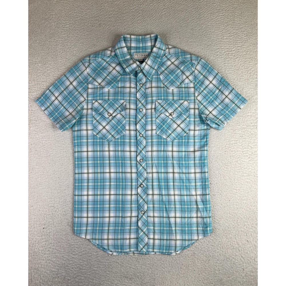 Tecovas Mens Small Blue Plaid Western Pearl Snap Short Sleeve Shirt‎ TM120012